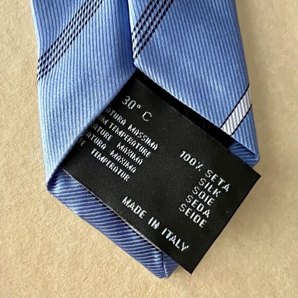 Versace Diagonal Stripe Blue Silk Medusa Logo Mens Luxury Tie Made In Italy - Picture 4 of 4